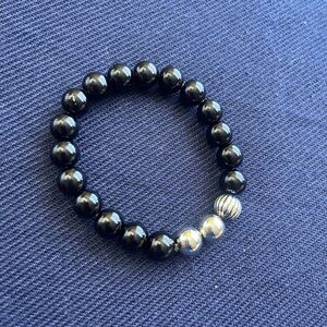 Bew Hand Made Black Beaded Stretch Bracelet with Silver Accent
